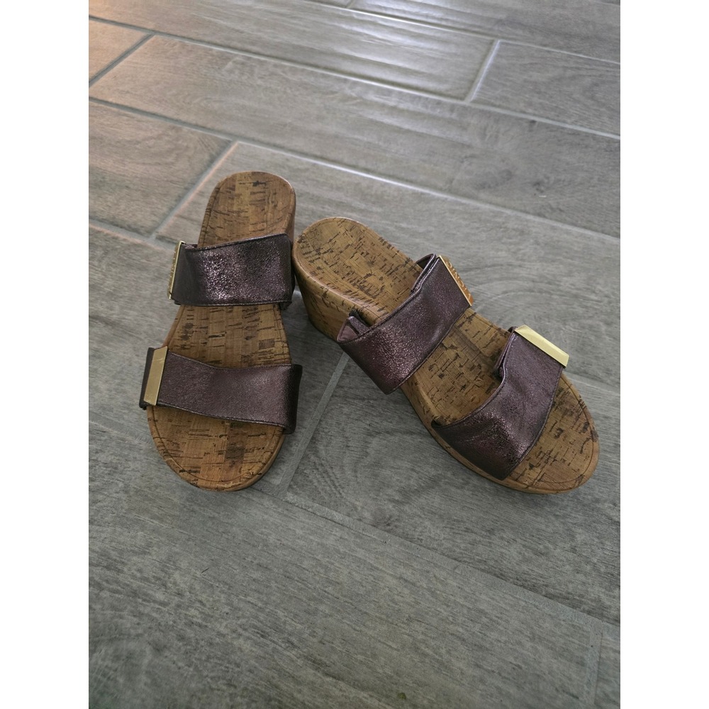 Vionic Wedge‎ Sandals Cork Footbed Pepper Metallic Straps Size 6 Purple Bronze